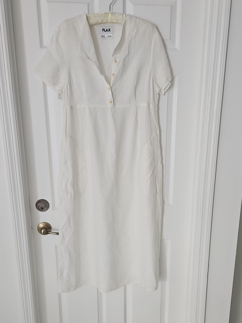 FLAX White Linen Short-Sleeve Button Midi Dress